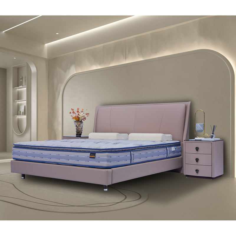 Modern bedroom with stylish bed frame BOC1-018 and matching bedside table. The bed is topped with a neatly arranged mattress and white pillows, beside a table lamp and vase with flowers. Elegant, minimalist wall design in the background.