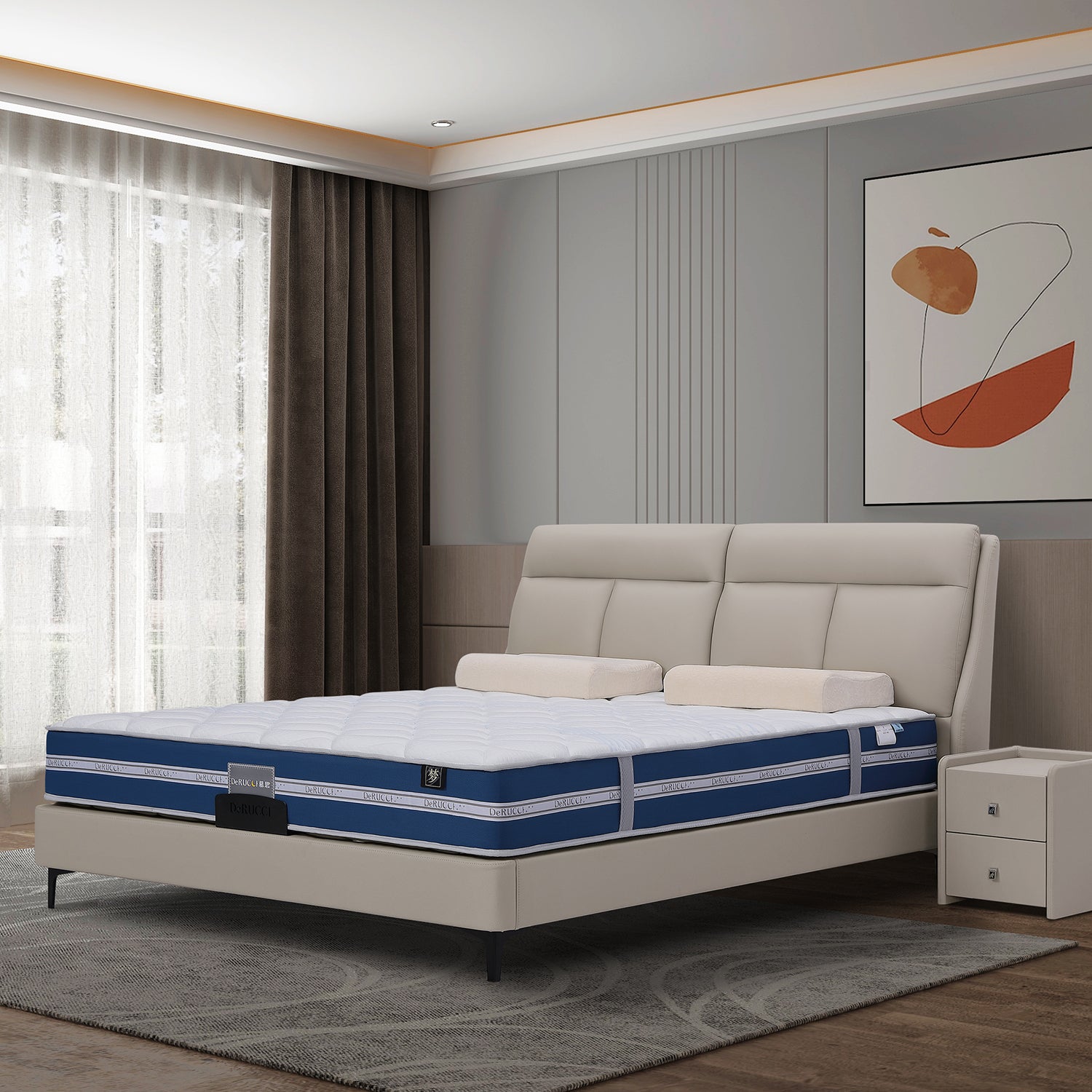 DeRUCCI Bed Frame BOC1 - 002 in beige leather with a blue and white mattress, white pillows, and a matching nightstand in a modern bedroom setting.