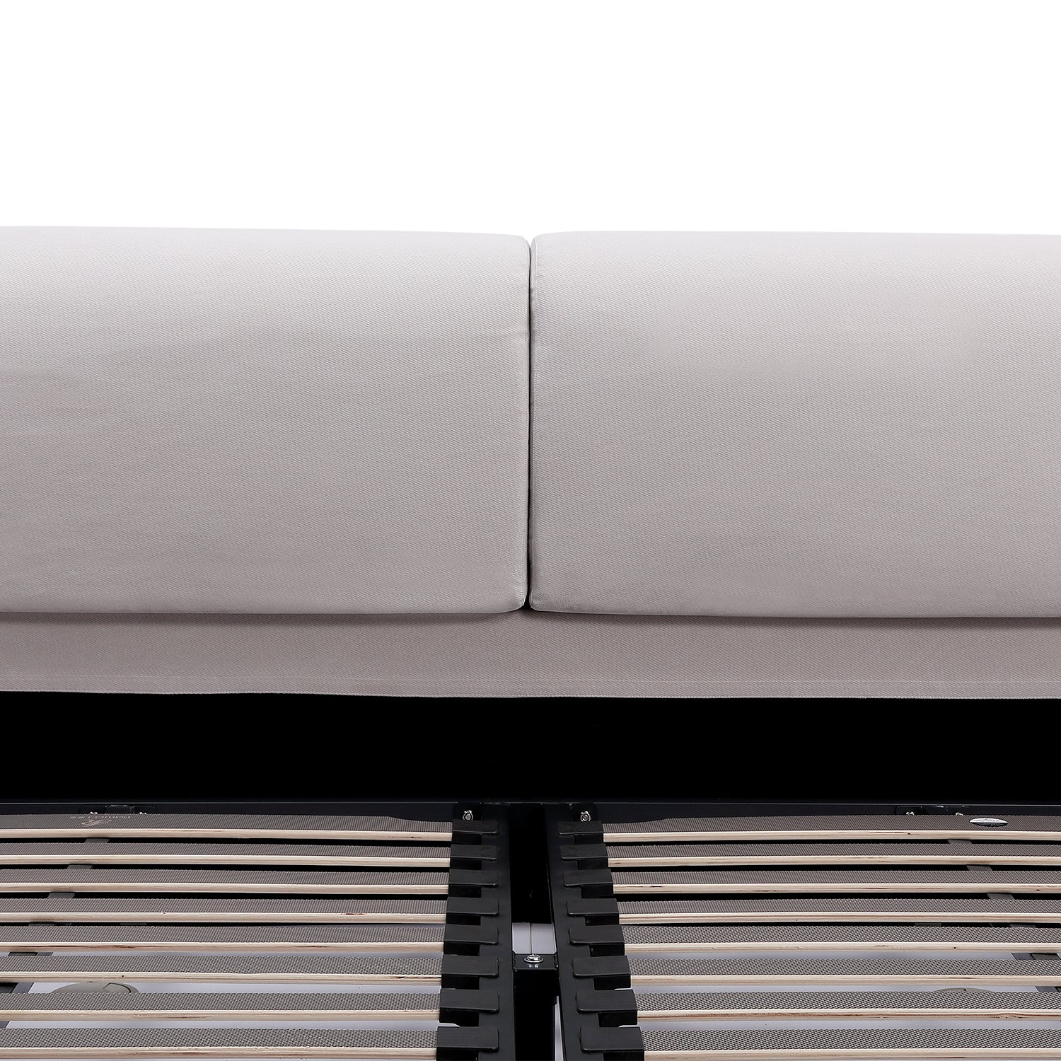 Close-up of DeRUCCI Bed Frame BZZ4 - 082 with light grey fabric upholstered headboard and wooden slats for mattress support, showcasing modern minimalist design.