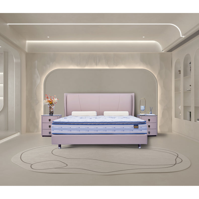 DeRUCCI Bed Frame BOC1-018 in a modern bedroom with blue bedding, nightstands with vases and lamps, and recessed lighting.