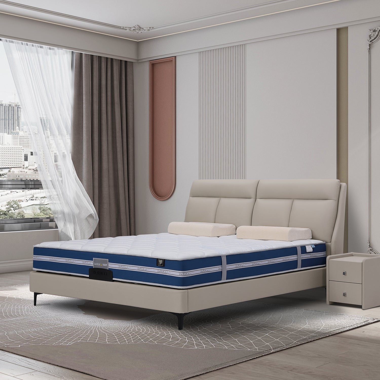 DeRUCCI Bed Frame BOC1 - 002 in beige leather with an upholstered headboard, blue and white mattress, and matching nightstands in a modern bedroom setting.