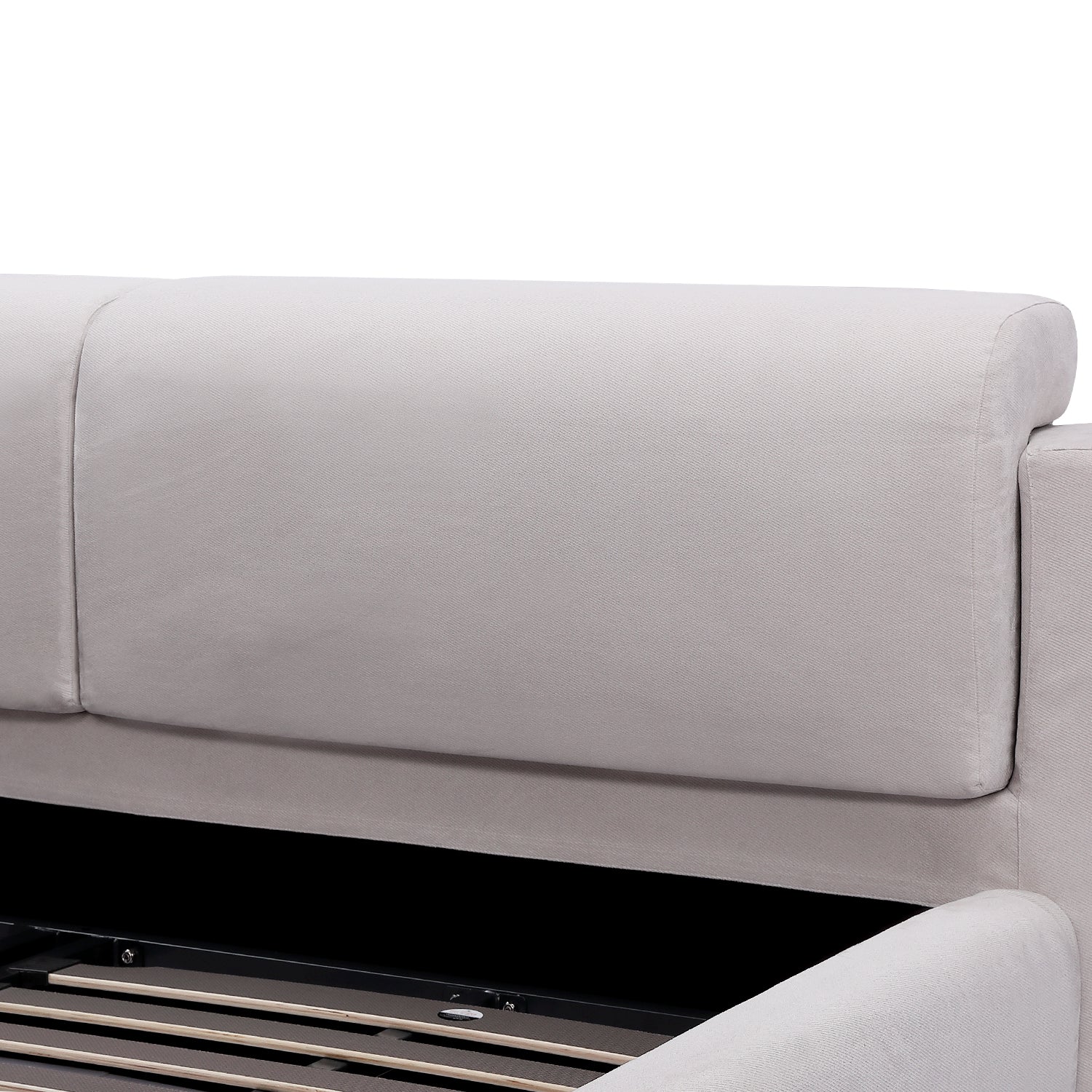 Light grey fabric headboard of DeRUCCI Bed Frame BZZ4 - 082 with minimalist and sleek design
