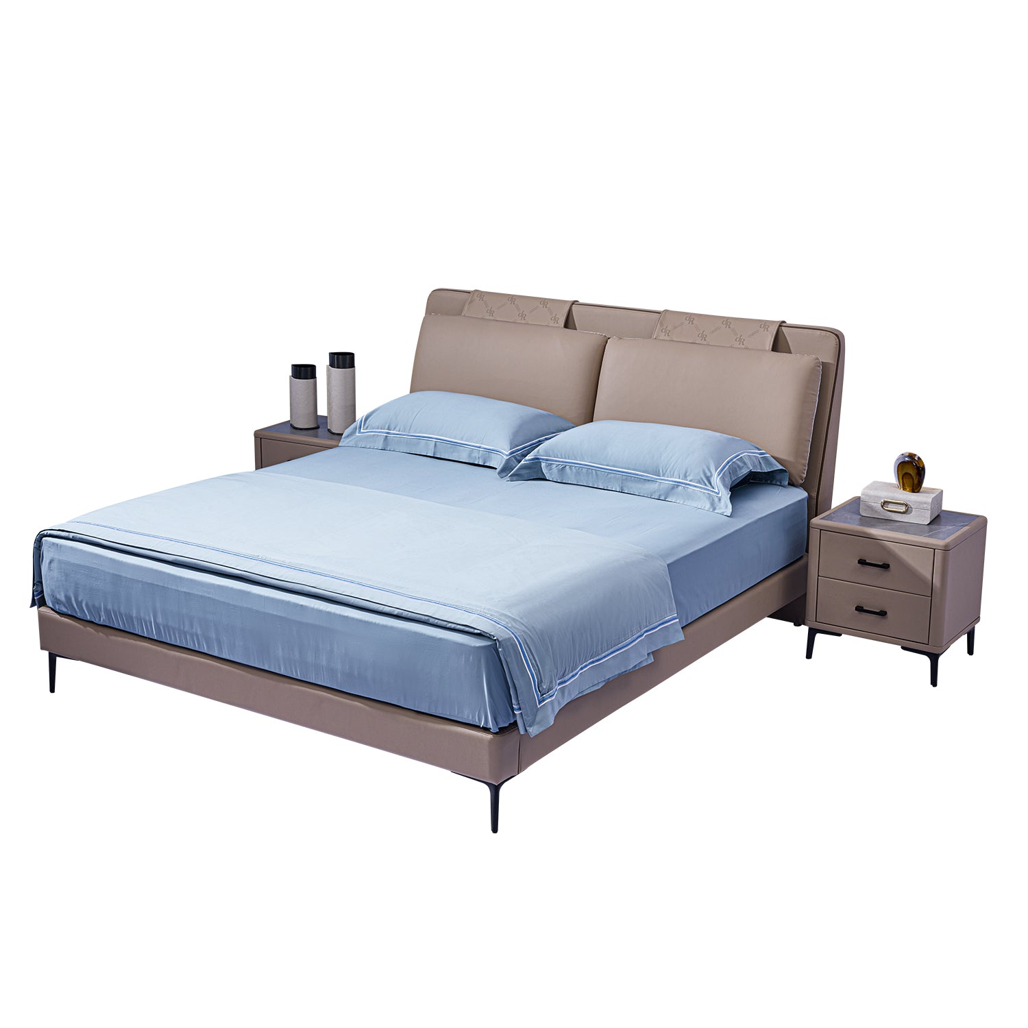 DeRUCCI Bed Frame BOC1 - 006 with beige leather headboard and light blue beddings, accompanied by nightstands on both sides adorned with books, a golden ball ornament, and thermos flasks.