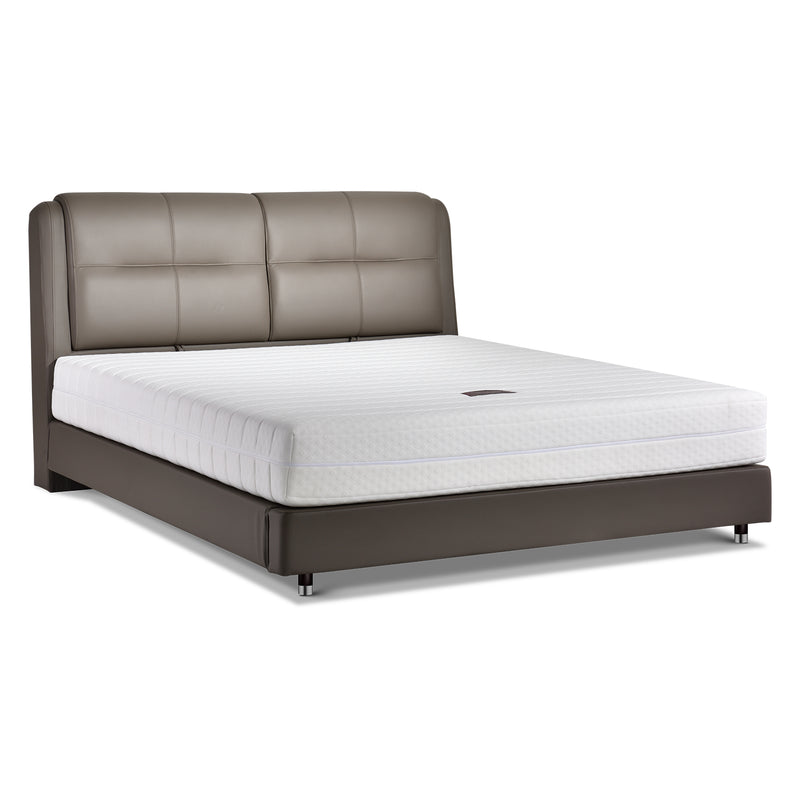 DeRUCCI minimalist bed frame BZZ4 - 243 with leather upholstery featuring clean, straight lines inspired by space capsule design