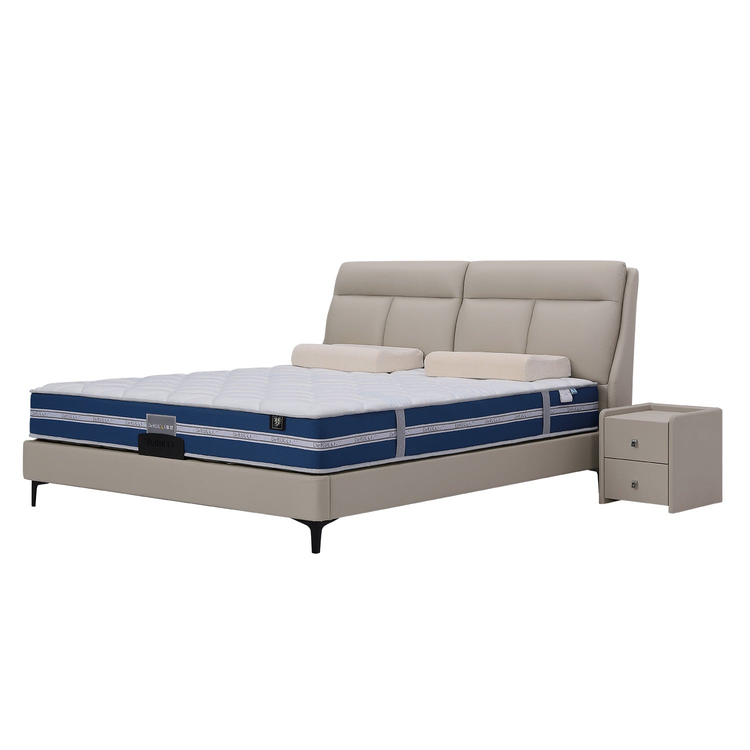 Modern beige DeRUCCI bed frame BOC1 - 002 with upholstered headboard, blue and white mattress, white pillows, and matching beige nightstand