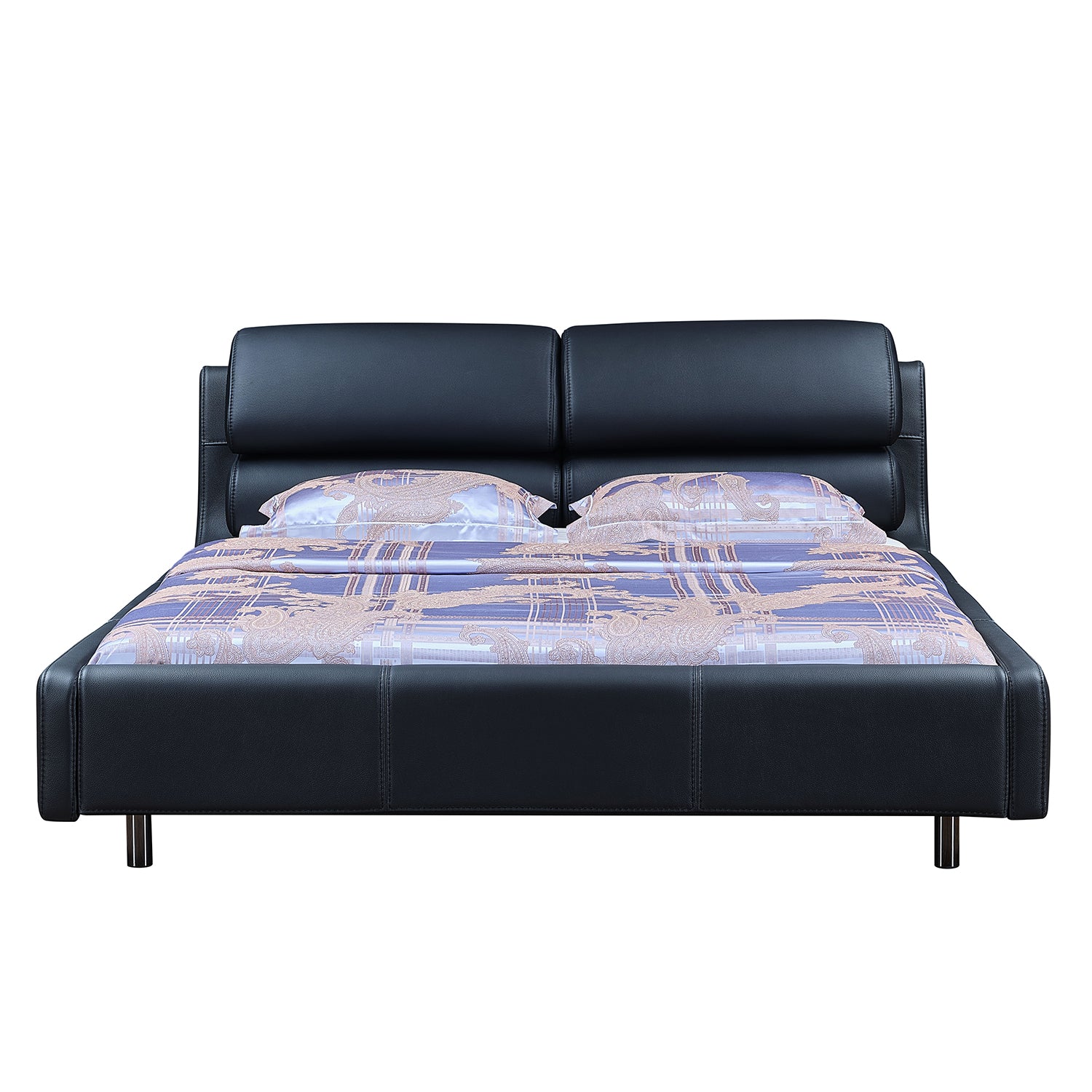 DeRUCCI Bed Frame BZZ4 - 038 in premium black cow leather, featuring a plush cushioned headboard and plaid-patterned bedsheet.