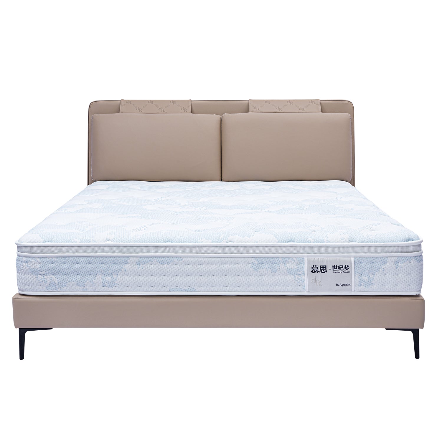 Modern bed frame BOC1-006 with a light brown leather upholstered headboard, white and light blue mattress, and black legs, designed by DeRUCCI