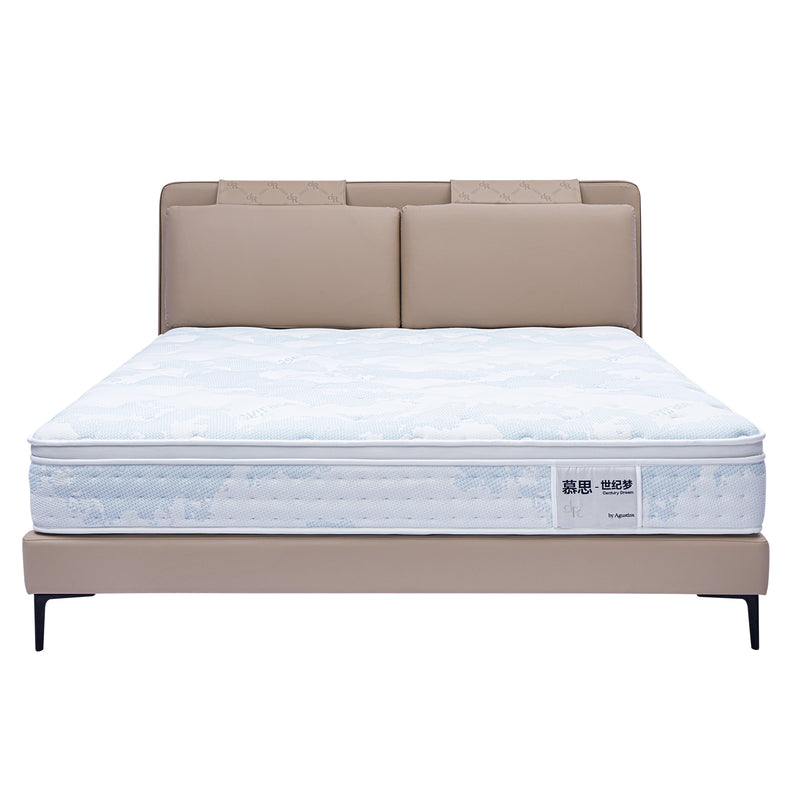 Modern bed frame BOC1-006 with a light brown leather upholstered headboard, white and light blue mattress, and black legs, designed by DeRUCCI