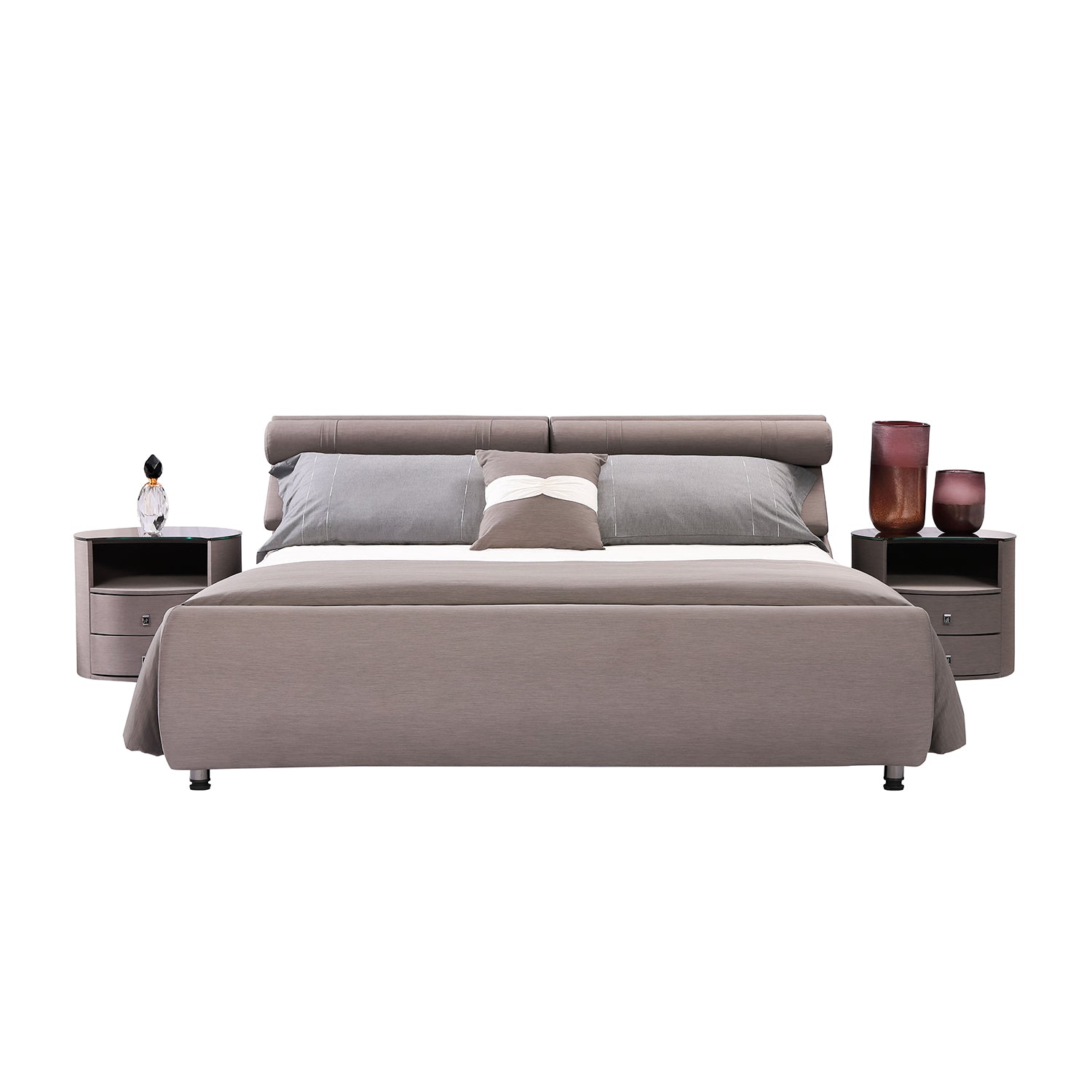 DeRUCCI Bed Frame BZZ4-093C in light brown fabric with two matching bedside tables, decorative vases, and a small sculpture
