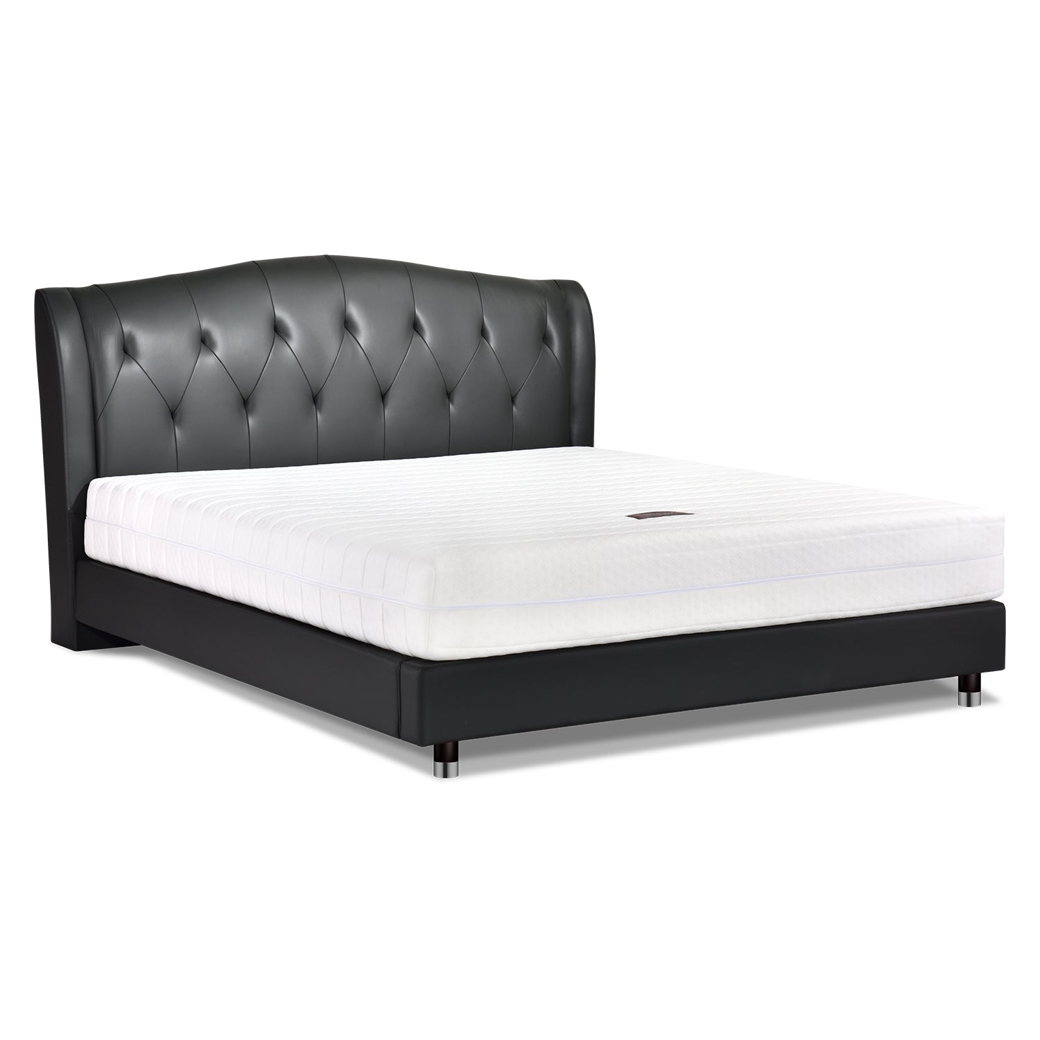 Black leather bed frame with tufted headboard and white mattress from DeRUCCI, featuring embedded buckles for a hint of glamour.