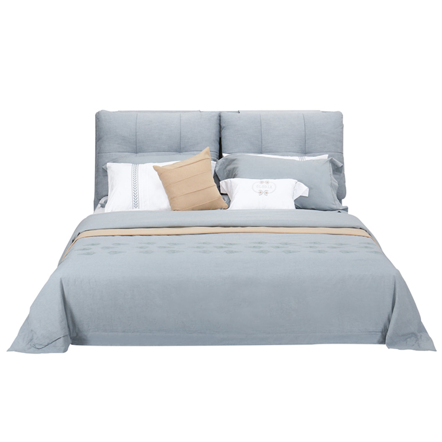 Blue-grey upholstered bed with grey bedding and decorative pillows in white, grey, and beige, showcasing a stylish and comfortable sleep setup.