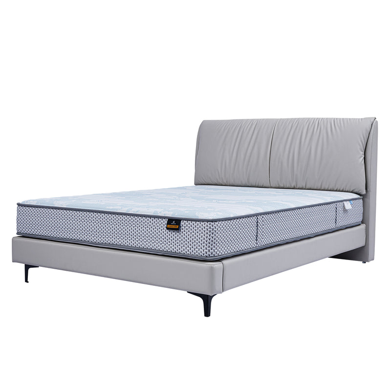 DeRUCCI BOC1 - 012 bed frame with light grey leather upholstery and high cushioned headboard, featuring an attached mattress on black legs.