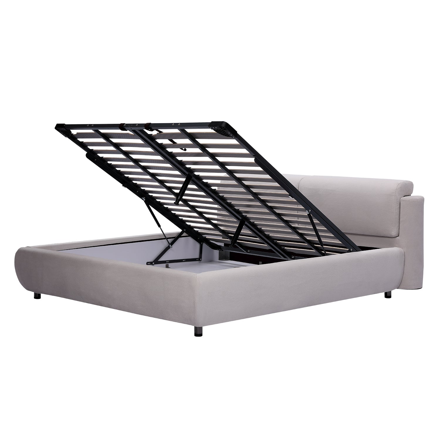 Light grey modern style bed frame with lift-up storage compartment, showcasing the spacious storage area under the mattress platform.