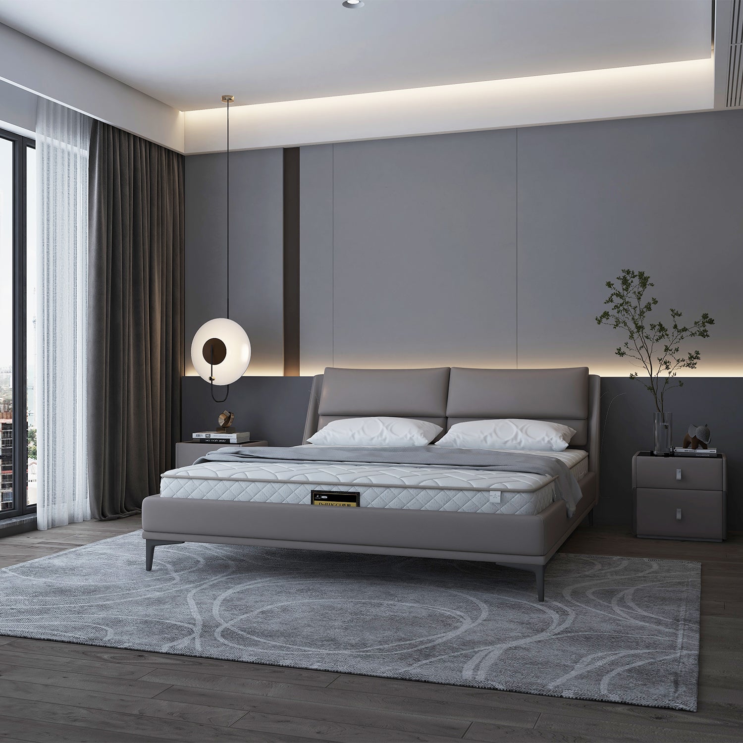 Modern bedroom featuring a gray bed frame and headboard from DeRUCCI, with matching white bedside tables, a round hanging light, and a contemporary gray rug.