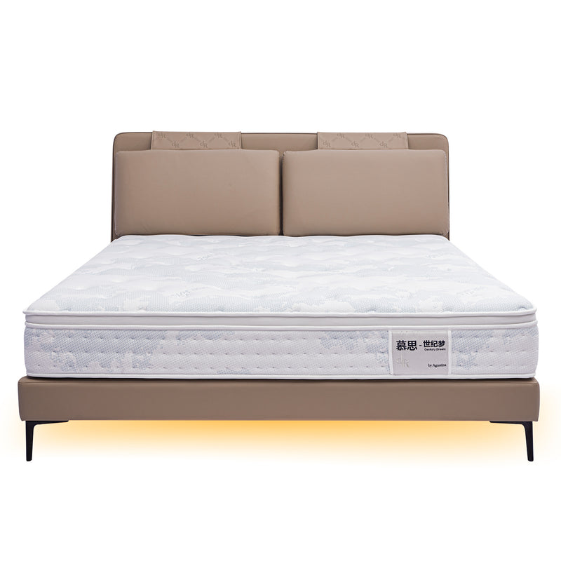 Bed Frame BOC1 - 006 with beige leather upholstered headboard, white mattress, and sleek brown base with black legs, showcasing modern and stylish design by DeRUCCI.