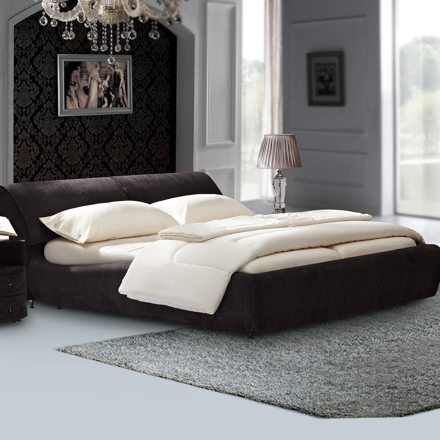 DeRUCCI Bed Frame BZZ4 - 117 in a luxurious bedroom with dark fabric upholstery, cream-colored bedding, and elegant decor, including a chandelier, framed artwork, and a gray rug.