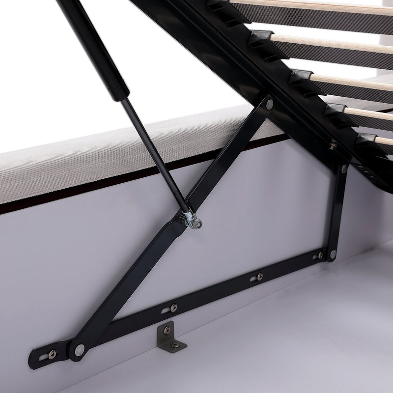 Detailed view of Bed Frame BZZ4 - 082's hydraulic lift mechanism and angled support structure inside the bed frame, highlighting the white fabric lining and durable metal components.
