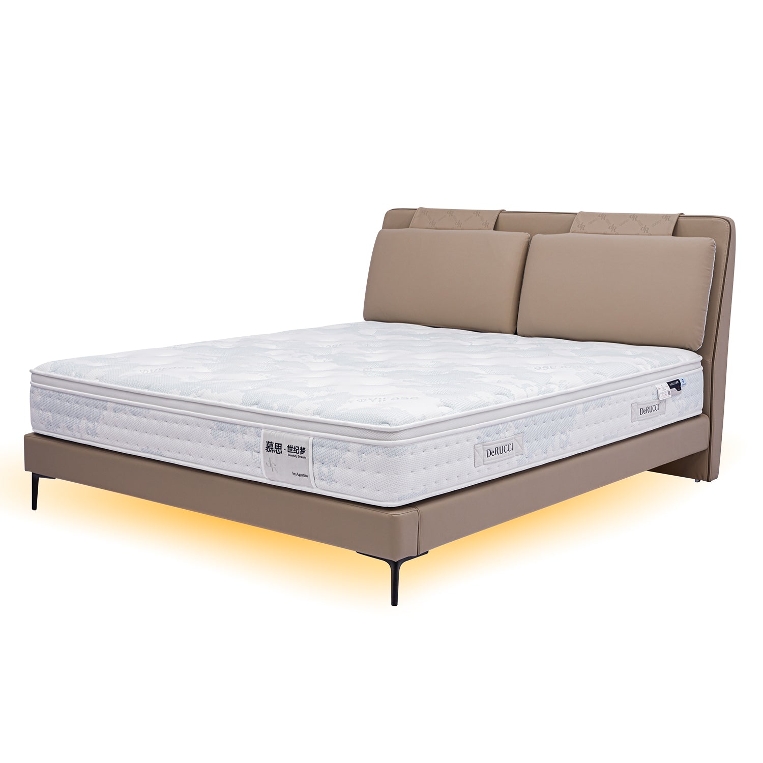 DeRUCCI Bed Frame BOC1-006 with sleek upholstered beige headboard and sturdy base. Includes a comfortable mattress.