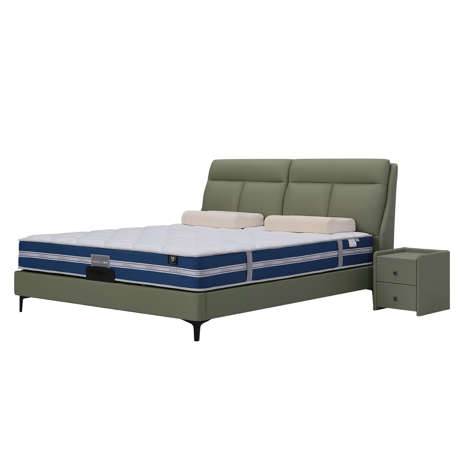 Green leather bed frame DeRUCCI BOC1 - 002 with padded headboard, blue and white mattress, beige pillows, and green nightstand.