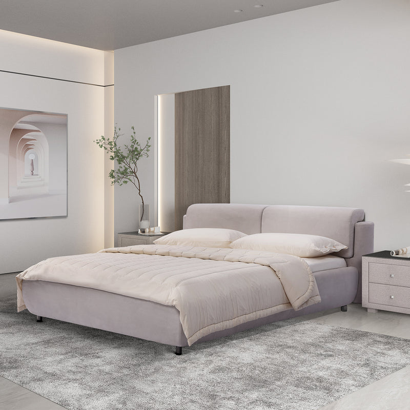 DeRUCCI Bed Frame BZZ4 - 082 in a modern bedroom with light gray fabric upholstery, beige bedding, nightstands, a potted plant, and wall artwork.