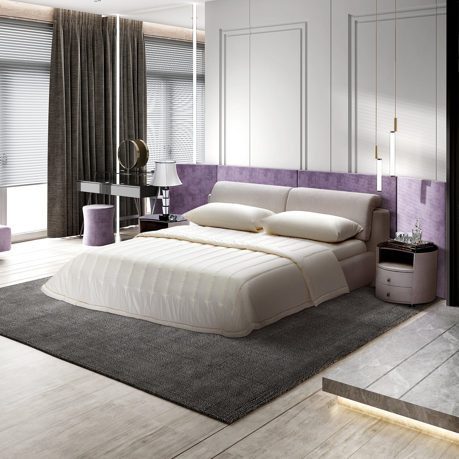 DeRUCCI Bed Frame BZZ4 - 082 in a luxurious bedroom with modern minimalist design, featuring a white bed, gray rug, vanity, and nightstand.