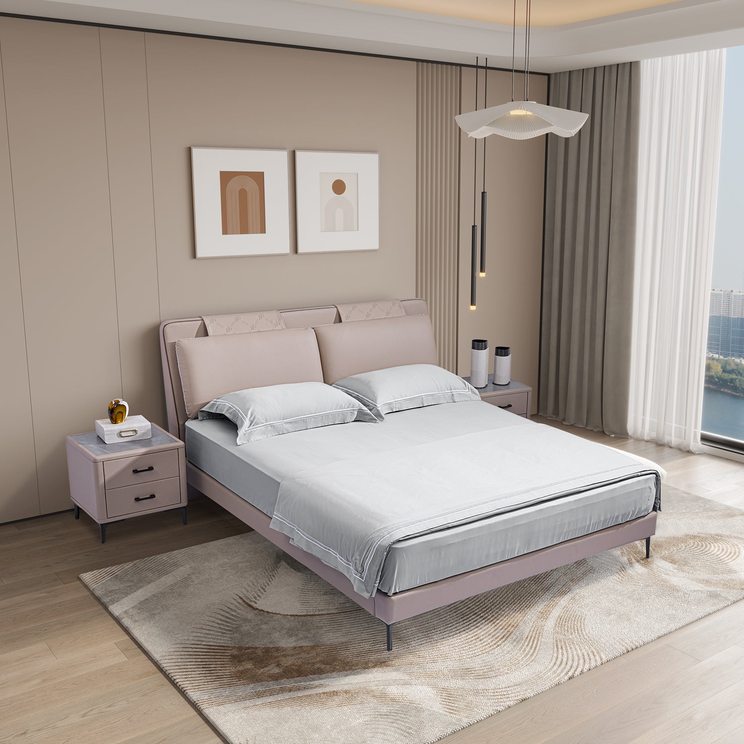 Modern bedroom featuring a light pink upholstered bed frame, light gray bedding, beige walls, patterned rug, hardwood flooring, and natural light from a large window.