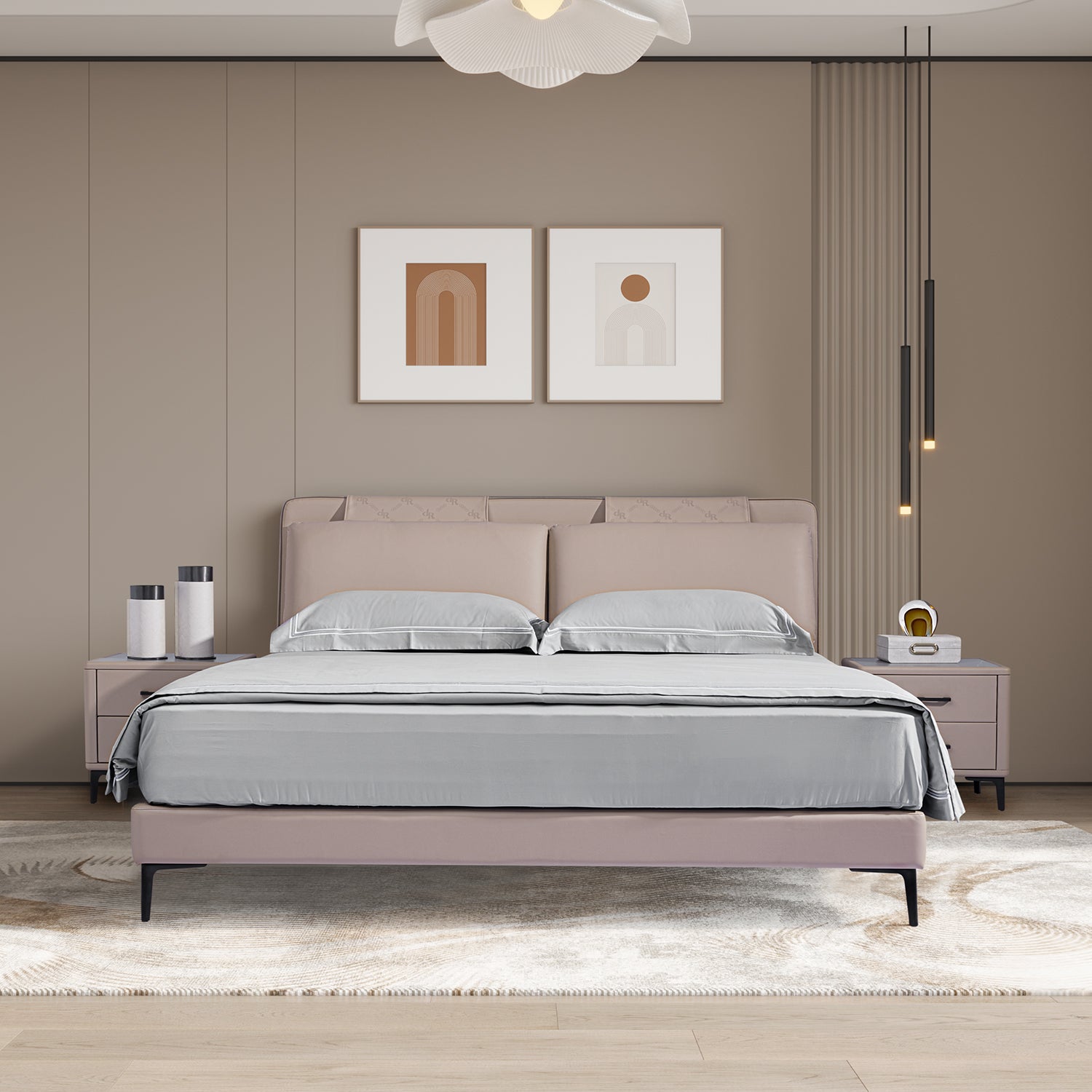 Modern bedroom featuring beige leather bed frame BOC1-006 with gray bedding, flanked by two nightstands and minimalist wall art.