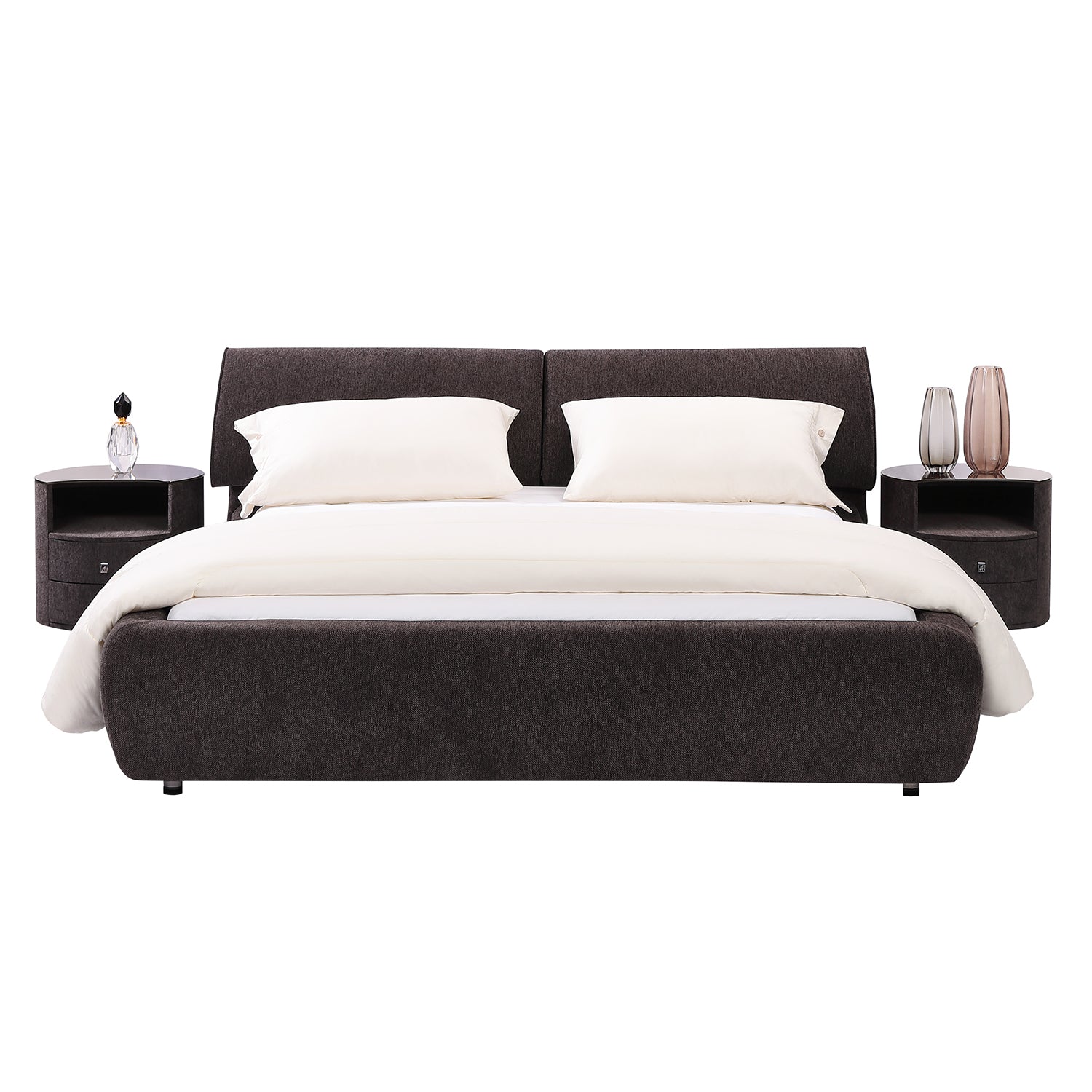 DeRUCCI dark upholstered bed frame with soft cushion, white bedding and pillows, and matching nightstands with decorations