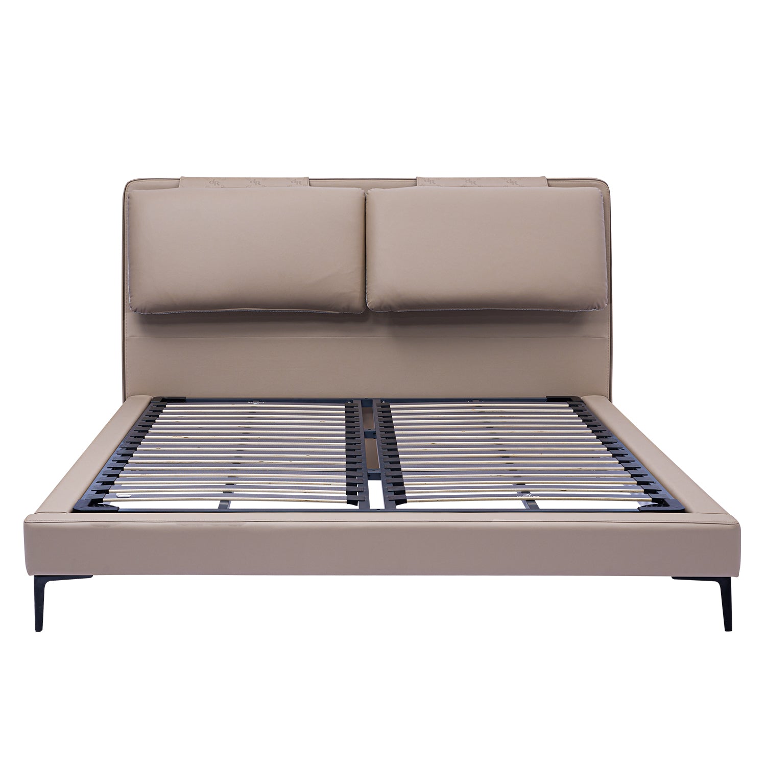 Beige leather bed frame with cushioned headboard and sturdy slat system, ideal for modern bedroom decor.
