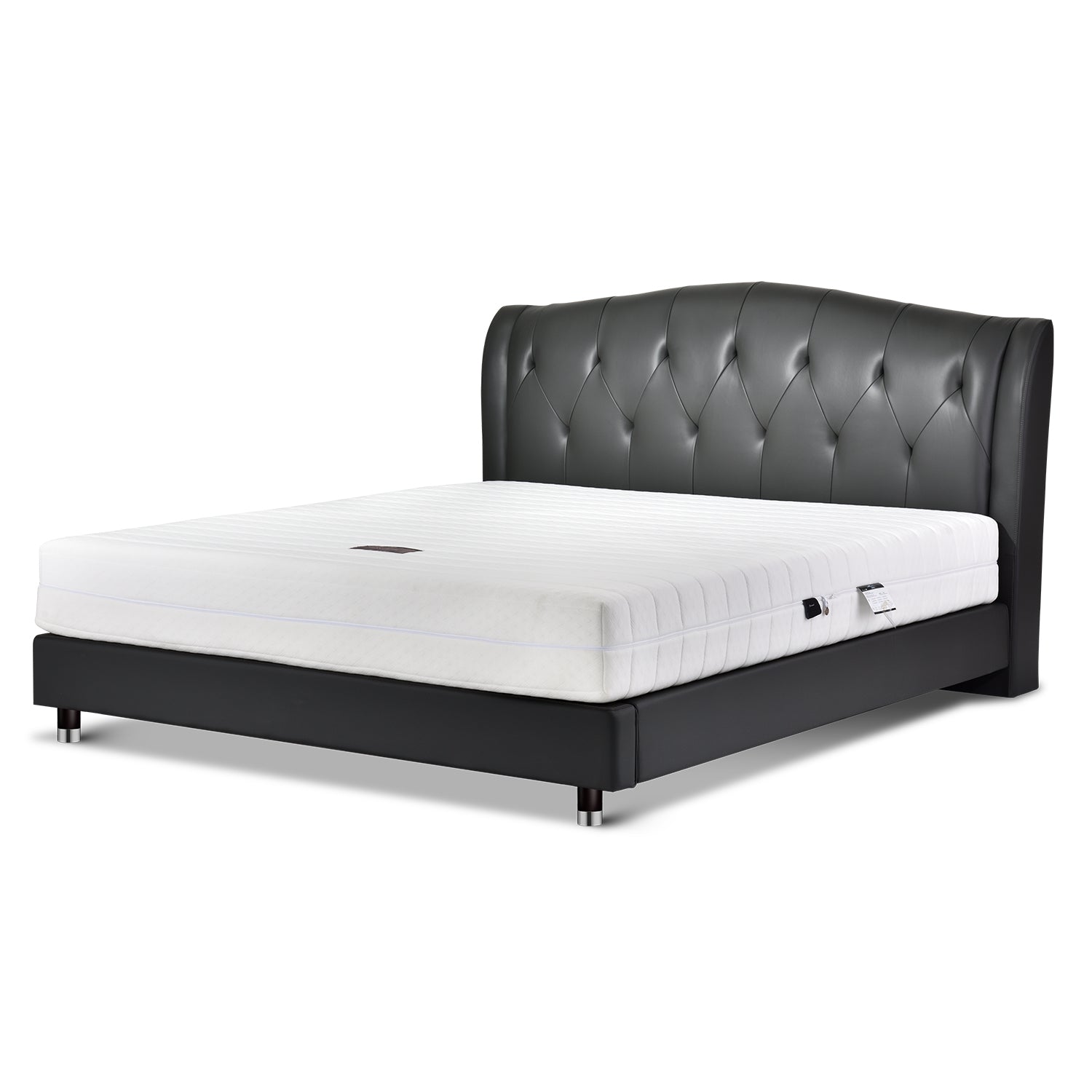 Black leather bed frame with tufted headboard and white mattress, inspired by modern European style, from DeRUCCI's high-quality bedroom furniture collection.