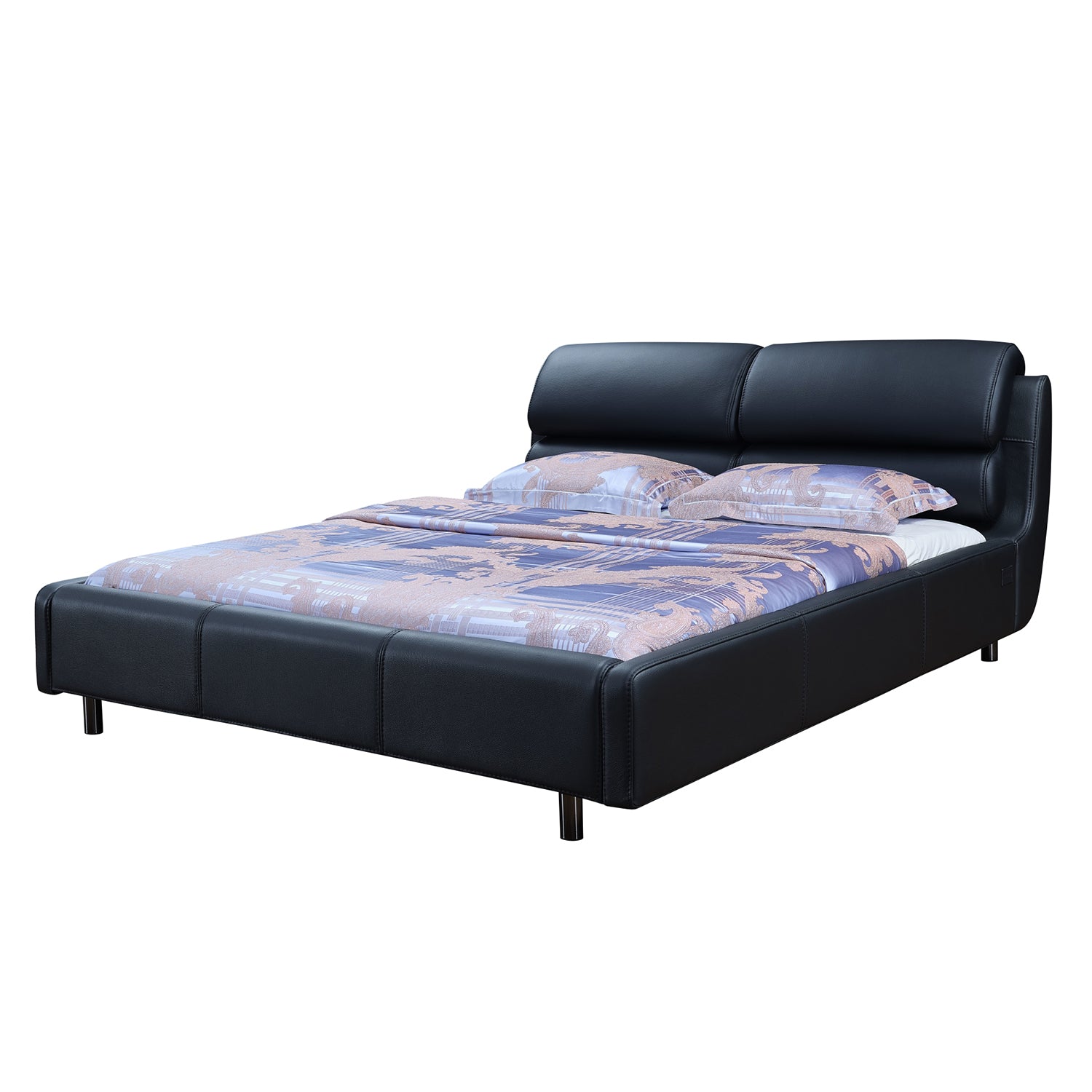 DeRUCCI black leather bed frame BZZ4 - 038 with thick plush cushions and purple-blue bedding, inspired by first-class airliner travel design.