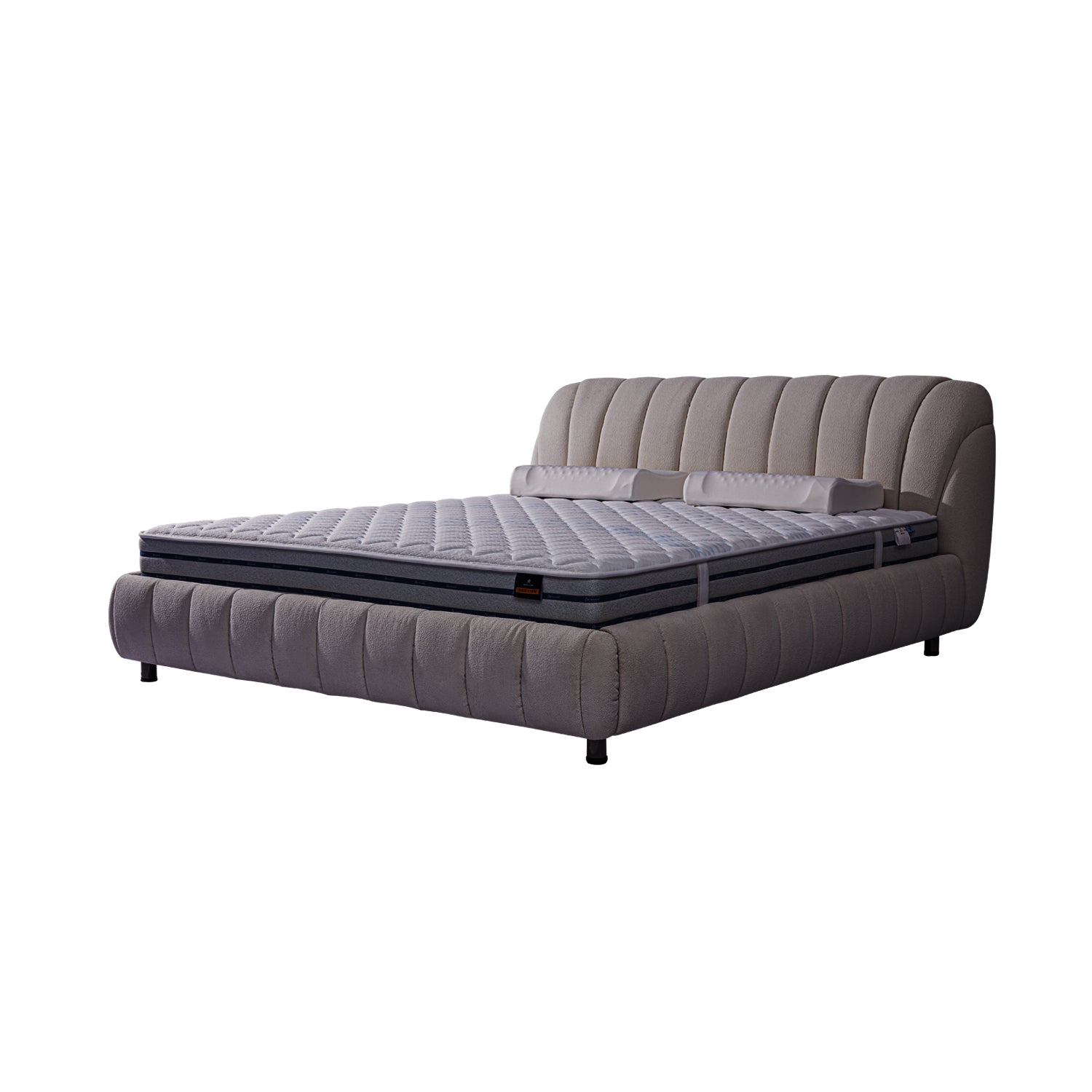 DeRUCCI Bed Frame BOC1 - 015 with grey fabric upholstery, tufted headboard and footboard, and mattress placed on top. Modern and sleek design, promising stable and quiet sleep.