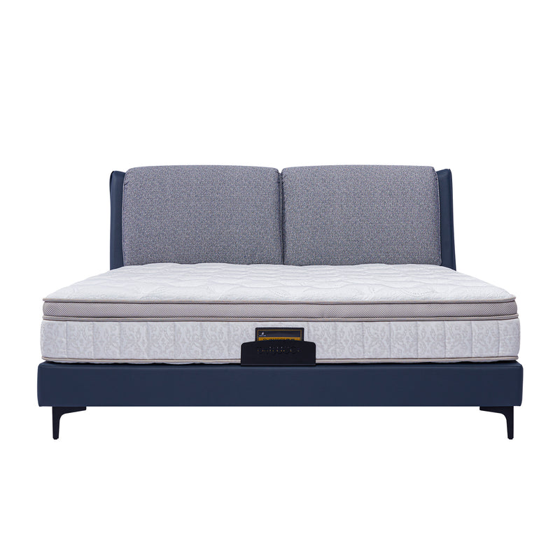Bed frame BOC1 - 017 by DeRUCCI, featuring a grey fabric headboard, white mattress, and dark blue base, known for its elegance and sturdiness.