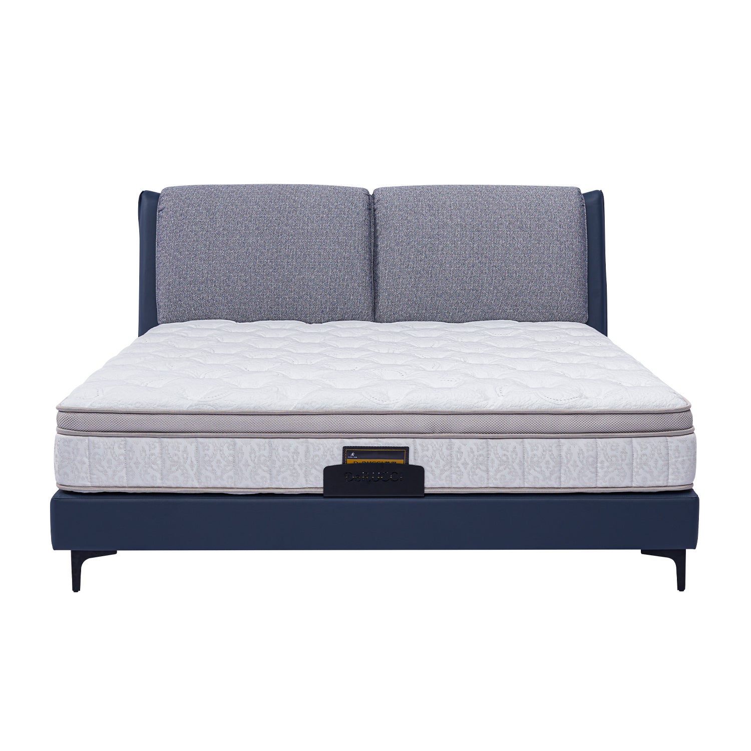 DeRUCCI BOC1-017 bed frame with white mattress, blue upholstered frame, and grey fabric cushion headboard