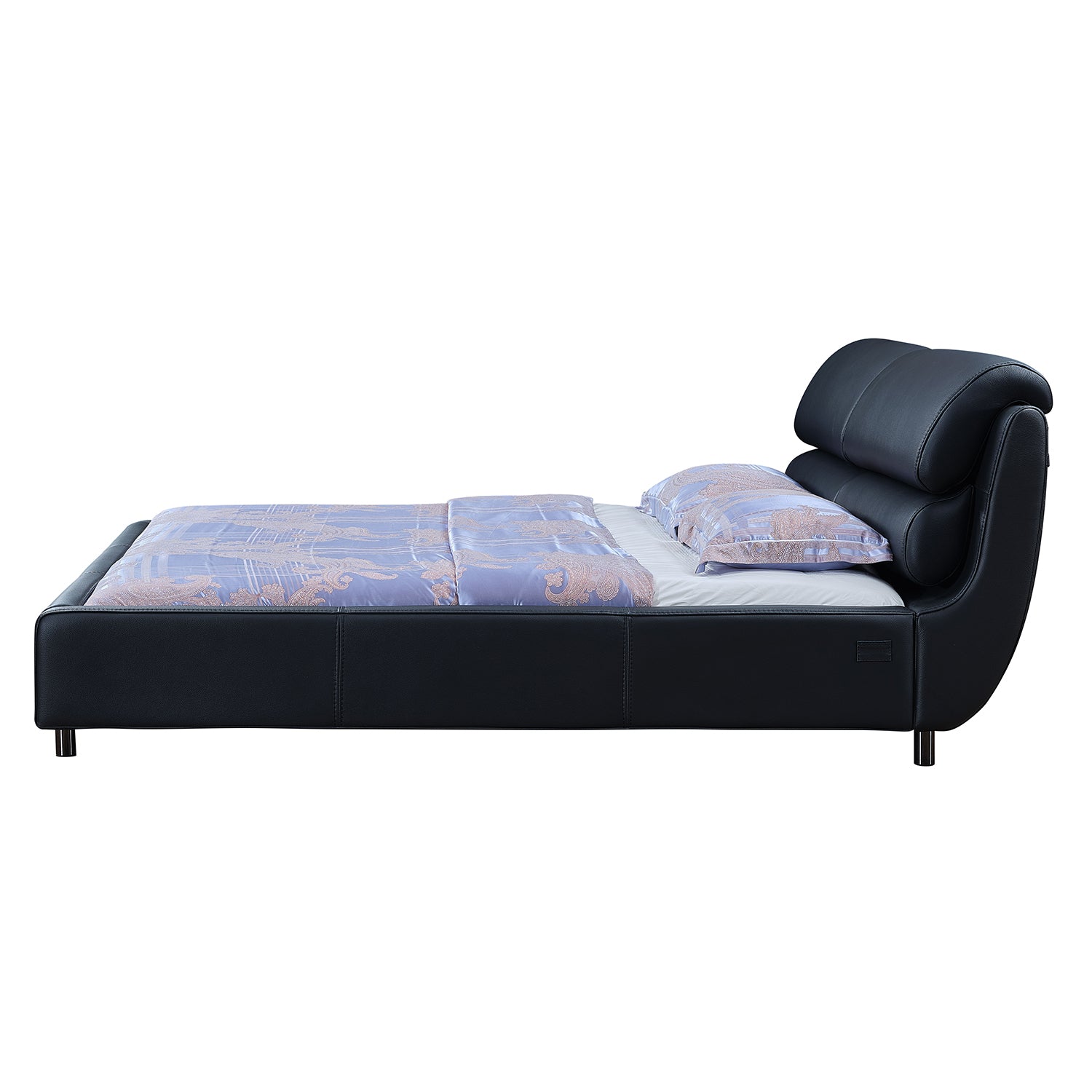 Luxurious black leather bed frame BZZ4-038 with thick and plush cushions, blue and orange-patterned bedding, designed for comfort and elegance.