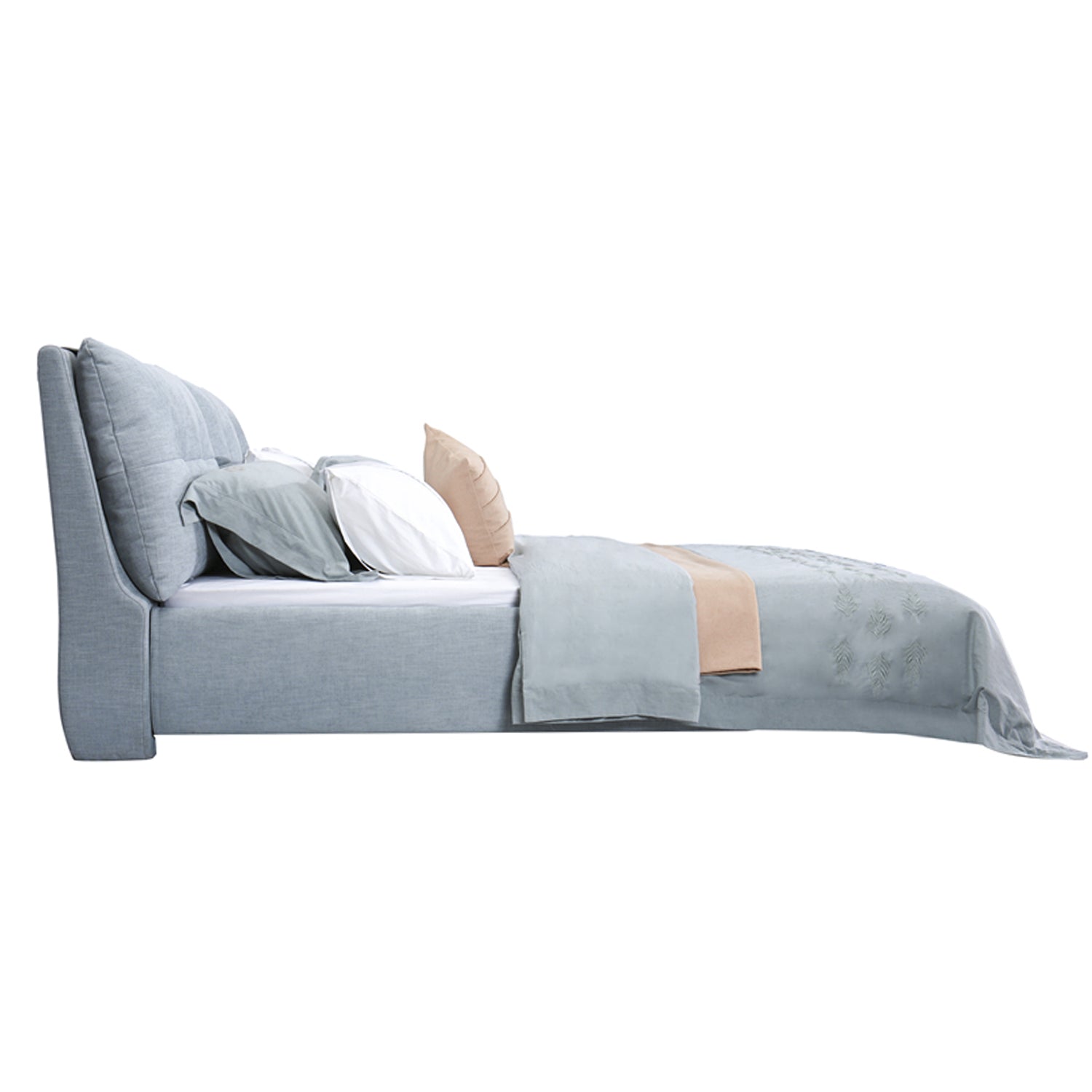 DeRUCCI Bed Frame BZZ4 - 285, green fabric upholstery with removable and washable cushions, featuring light-colored bedding and pillows, modern and sleek design
