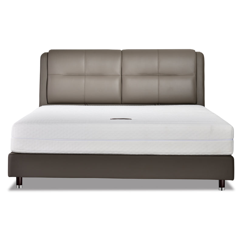 DeRUCCI Bed Frame BZZ4 - 243 with minimalist design, soft brown leather headboard, and white mattress, featuring clean lines and a modern look