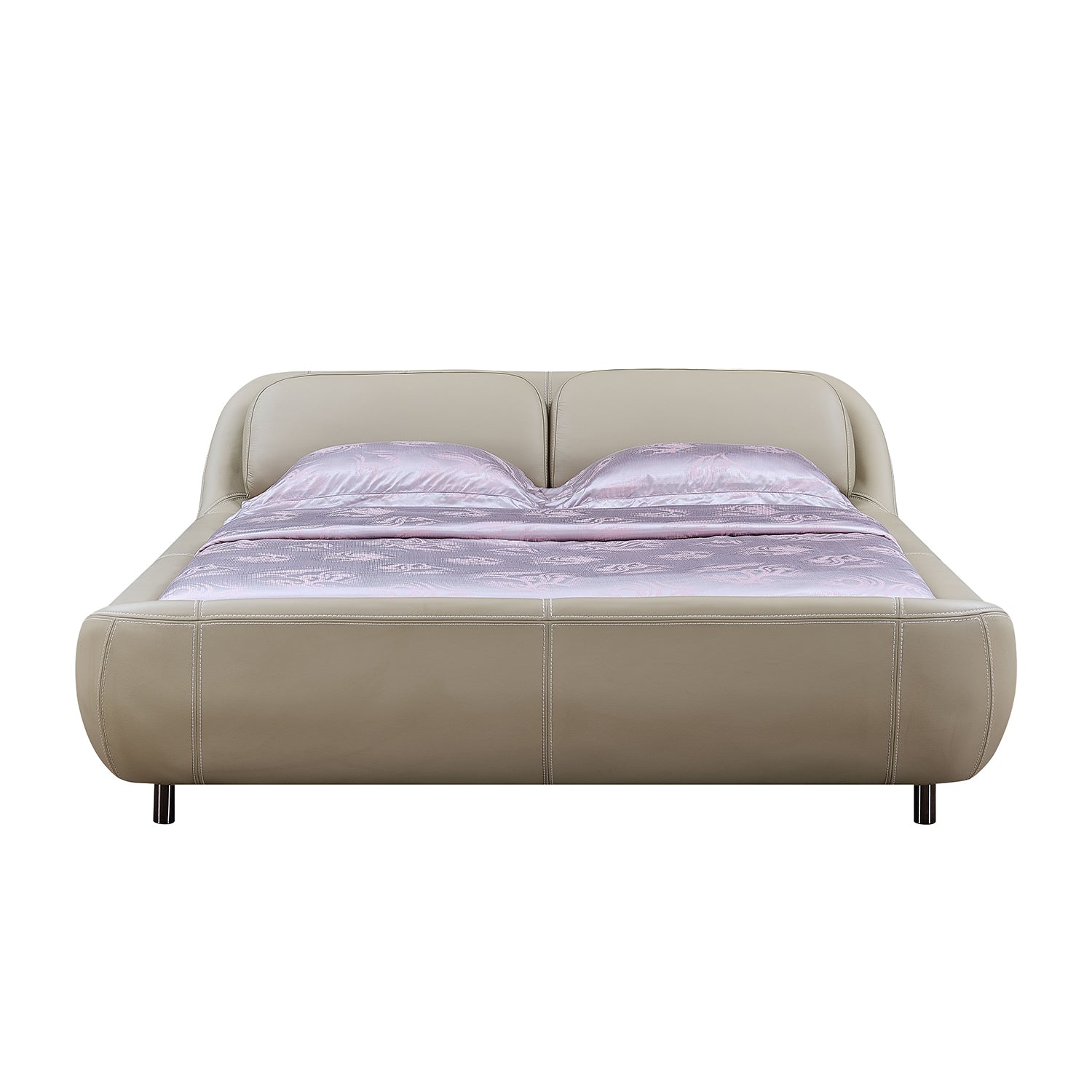Bed Frame BZZ4 - 024 by DeRUCCI in beige leather, featuring a round design inspired by ancient Chinese treasures with a plush headboard and footboard.