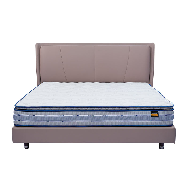 DeRUCCI Bed Frame BOC1 - 018 with light brown upholstered leather headboard and high-quality mattress featuring a white top and blue sides
