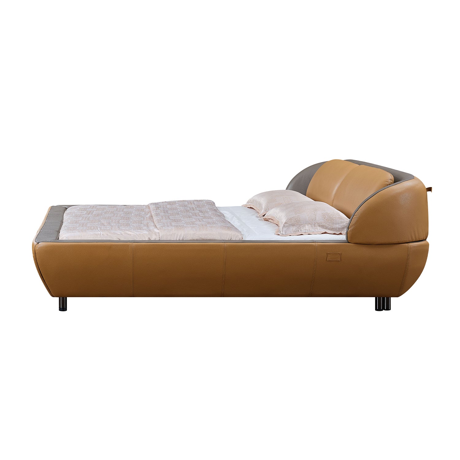 Side view of DeRUCCI Bed Frame BZZ4-090 in orange and ash gray colors with curved design and cushioned headboard, styled with white pillows and light gray blanket.