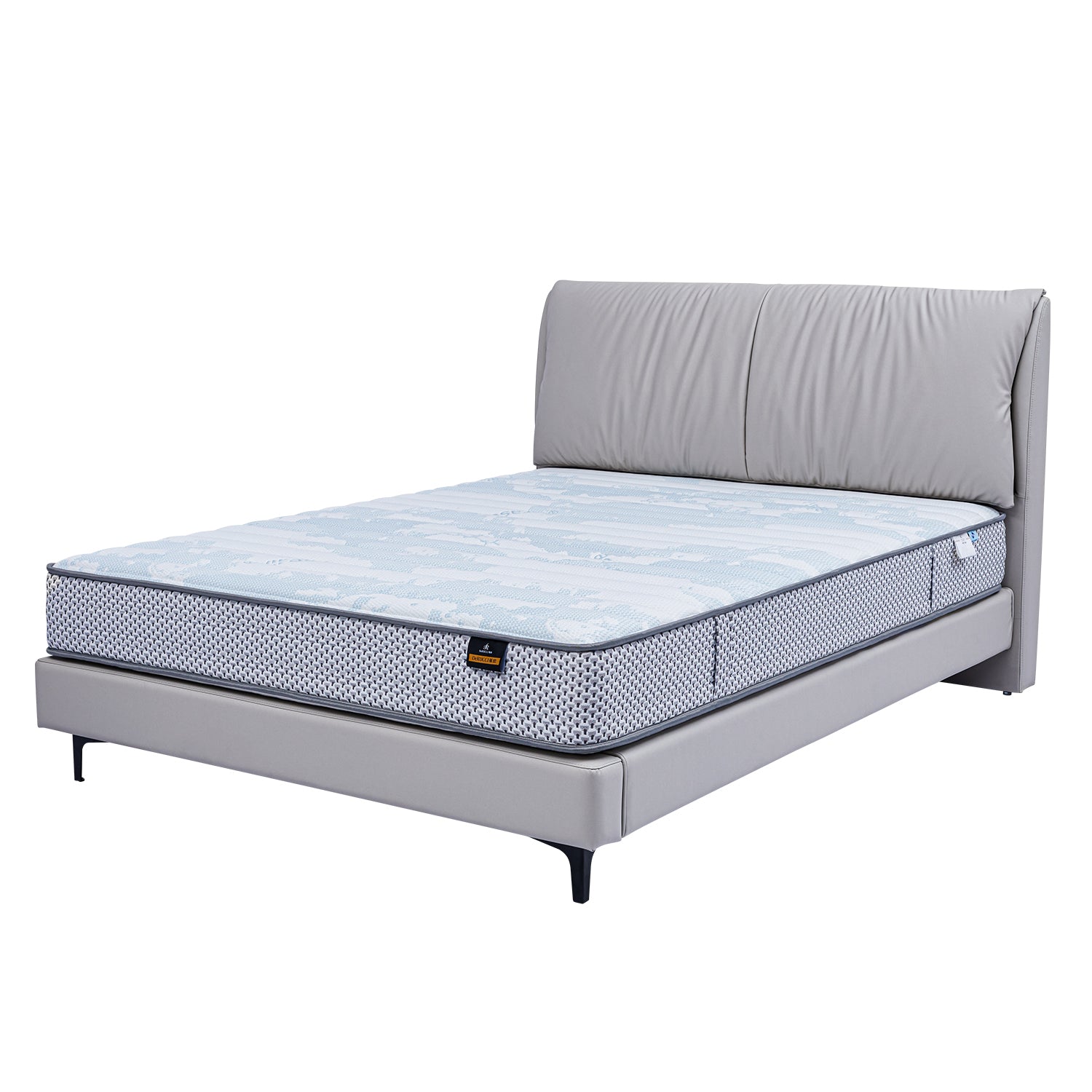 DeRUCCI Bed Frame BOC1 - 012 with gray upholstered headboard and frame, featuring modern and sleek design, shown with a mattress on top