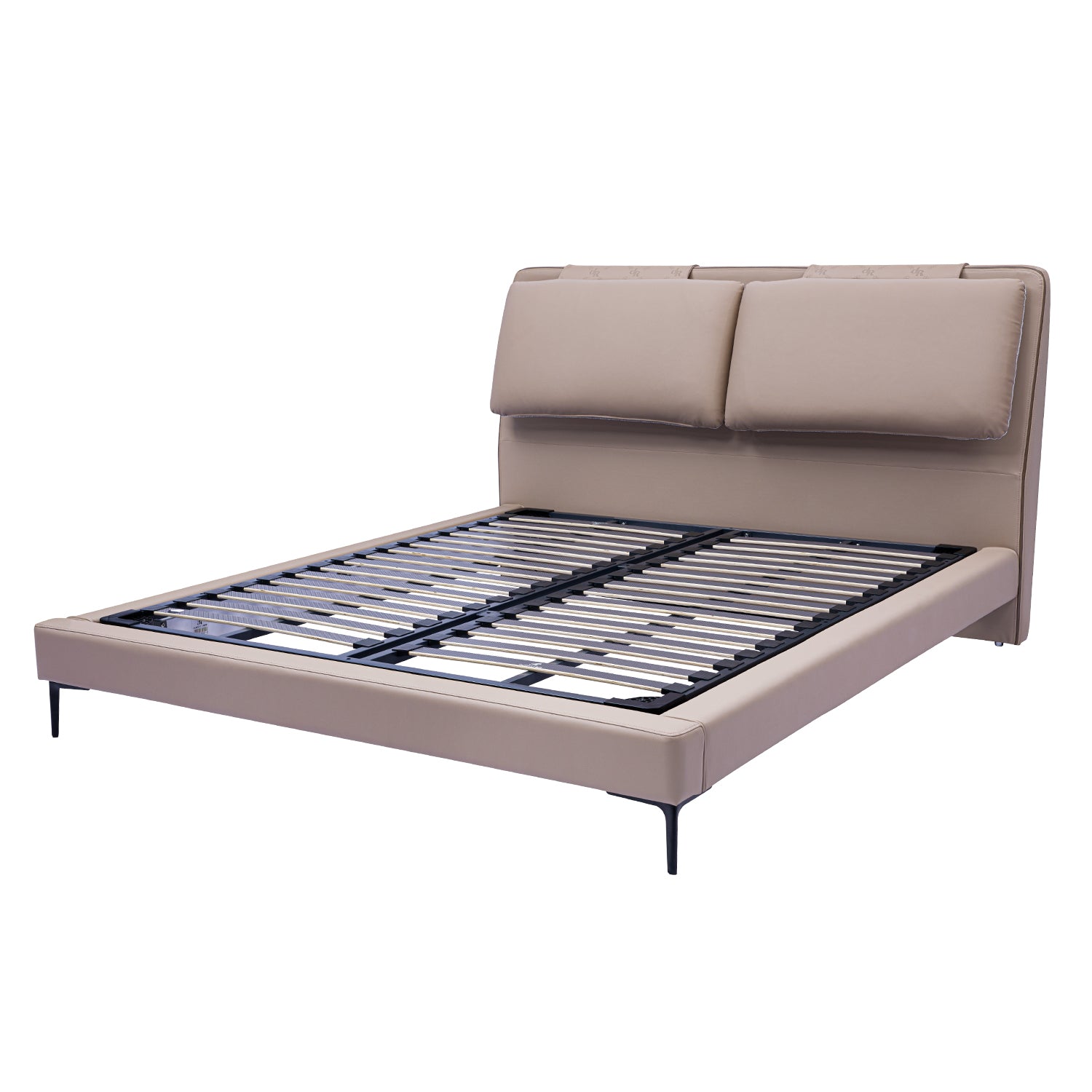 DeRUCCI Bed Frame BOC1 - 006 featuring a modern design with a padded headboard and metal slat base. Elegant and sturdy bed frame on black metal legs.