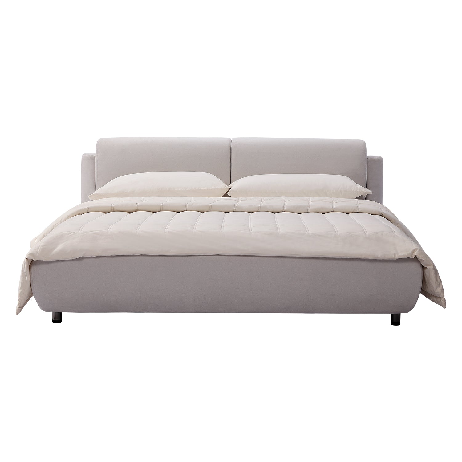 DeRUCCI Bed Frame BZZ4-082 with modern minimalist design, European-inspired shape, featuring a light grey upholstered headboard and frame, displayed with pillows and a comforter.