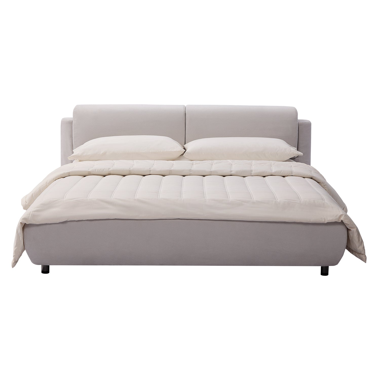 DeRUCCI Bed Frame BZZ4 - 082 in light gray fabric with a minimalist European-inspired design, featuring a padded headboard and a cream-colored comforter and pillows.