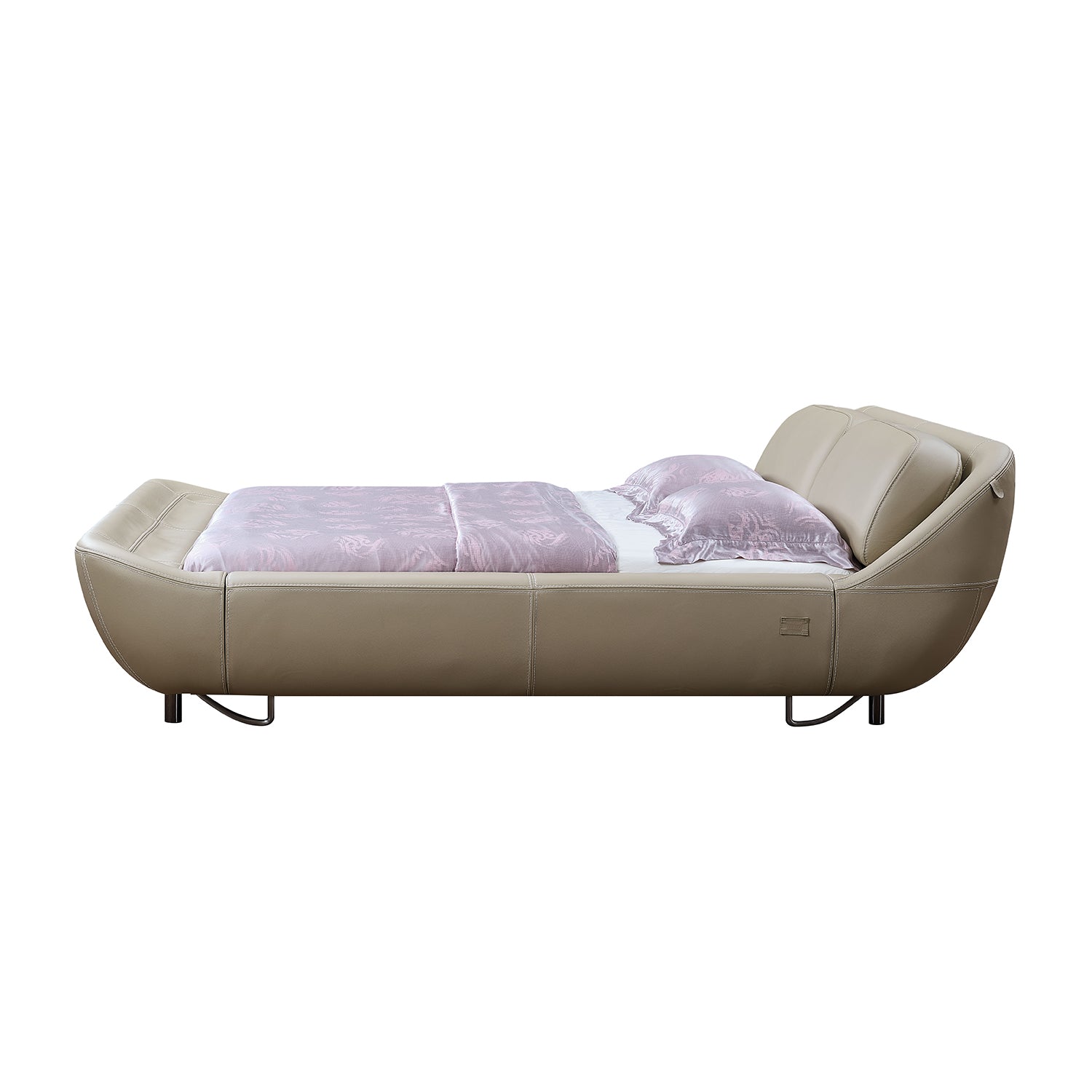 DeRUCCI Bed Frame BZZ4 - 024 featuring a unique beige leather design with round, stable structure resembling a treasure bowl, side view.