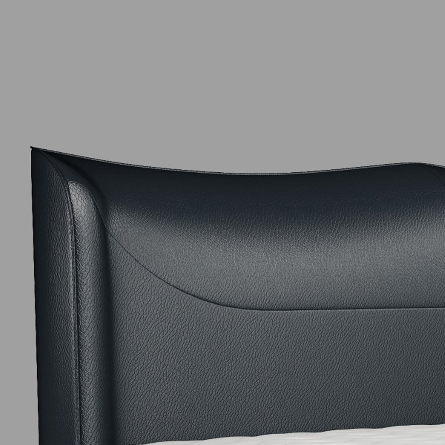 Deep sea blue leather headboard of the modern DeRUCCI bed frame, featuring elegant curves and a textured surface