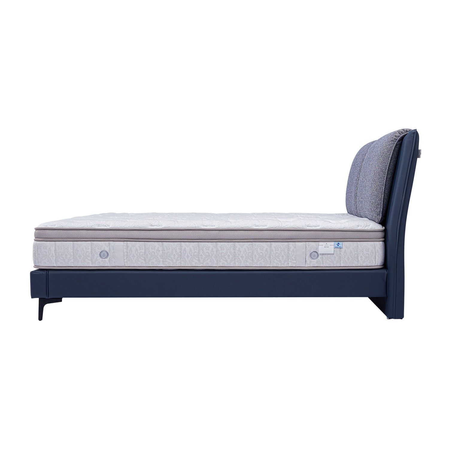 DeRUCCI Bed Frame BOC1 - 017 with mattress, featuring a sleek navy blue base and upholstered cushioned headboard