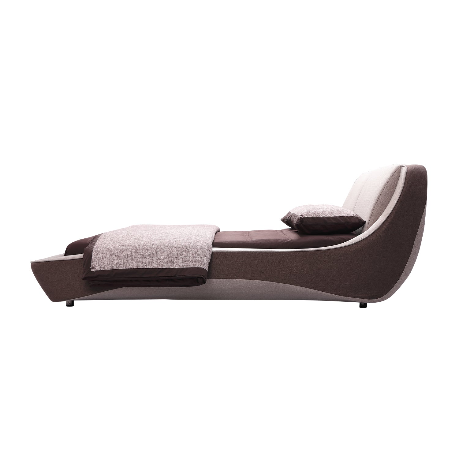 DeRUCCI Bed Frame BZZ4-198 with sleek sports car inspired modern design, bold brown and white color contrast, paired with matching blanket and pillow for comfort and style.