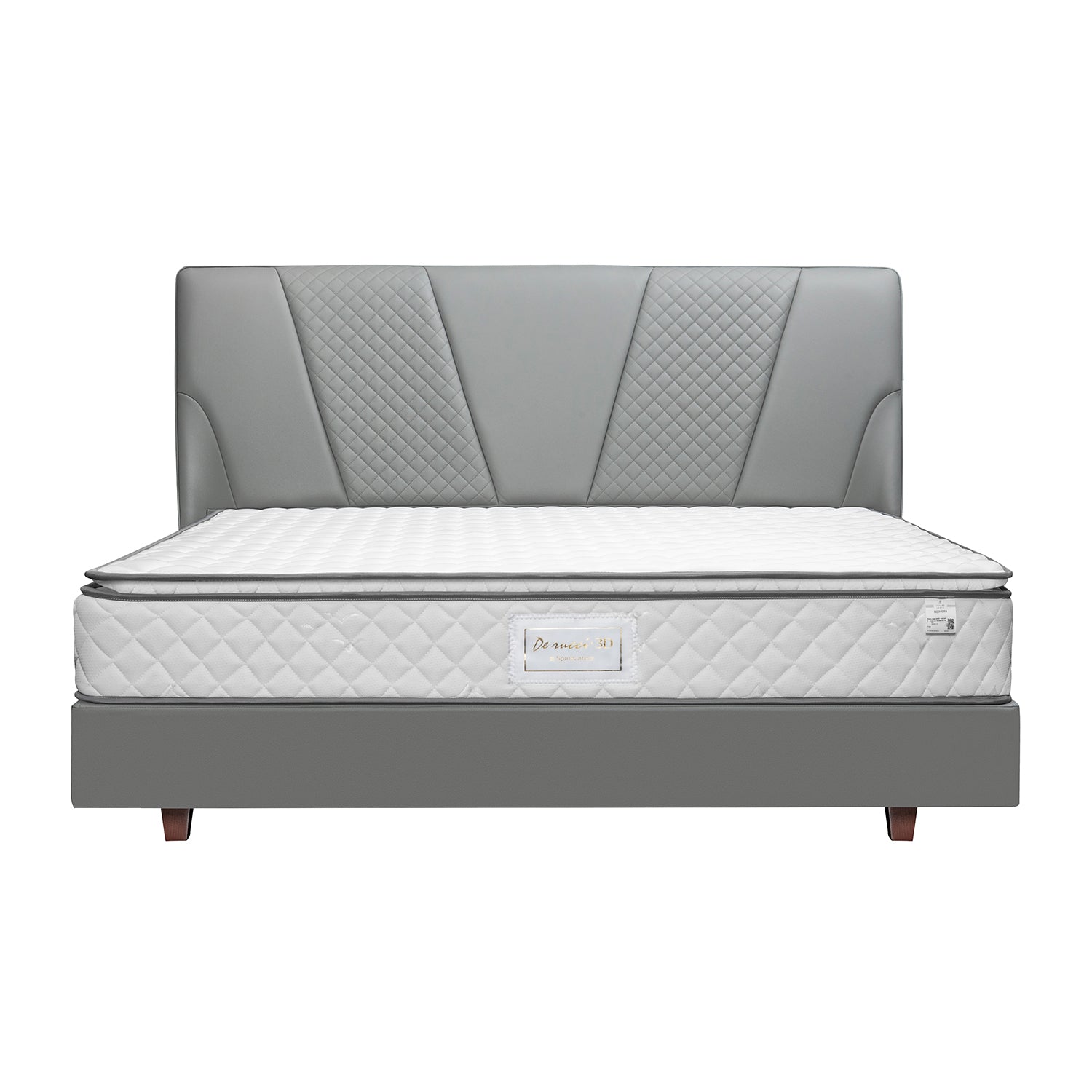 DeRUCCI Bed Frame BOC1 - 005 with quilted gray upholstered headboard and white mattress, modern design