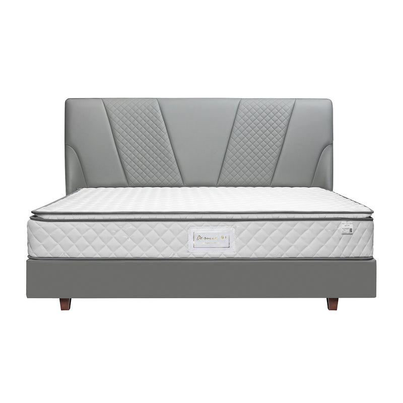 DeRUCCI Bed Frame BOC1 - 005 with quilted gray upholstered headboard and white mattress, modern design